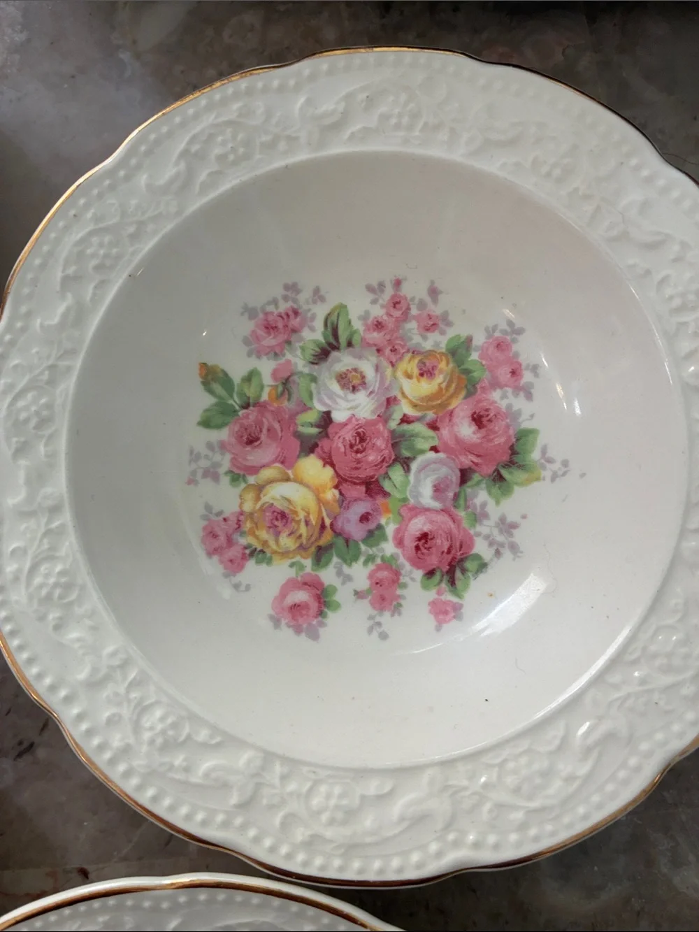Porcelain Dessert Bowls with Pink & Yellow Rose Bouquet and Gold Trim